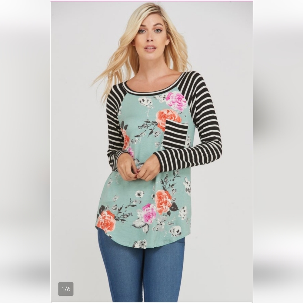 Mint Floral top with striped/floral contrast